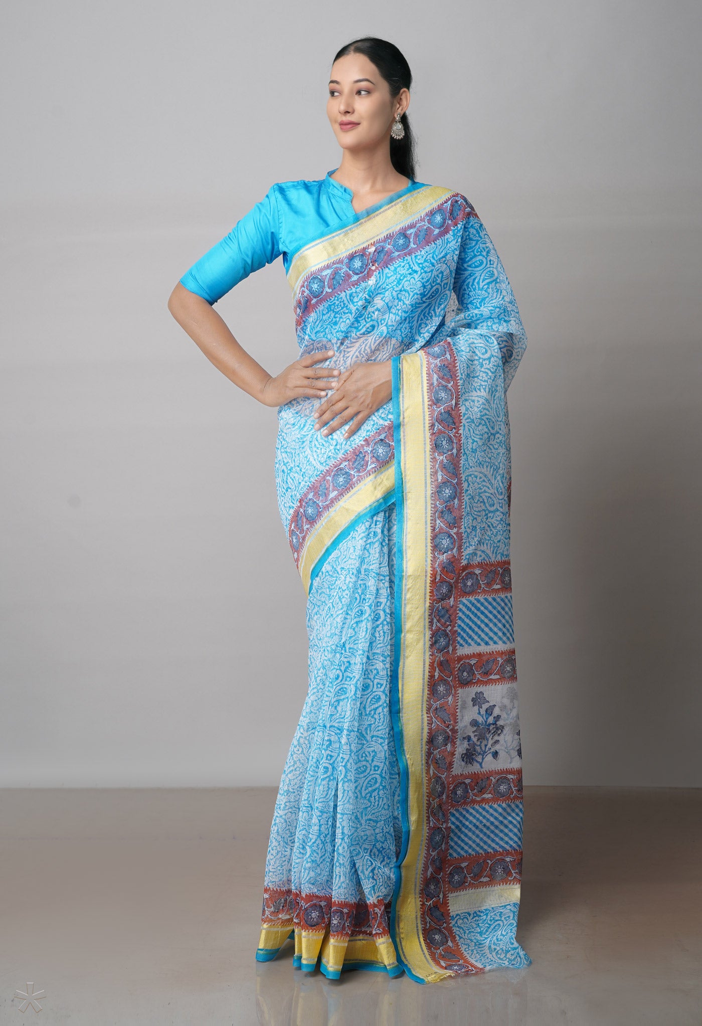 Blue Pure Block Printed Kota Cotton Saree-UNM71548