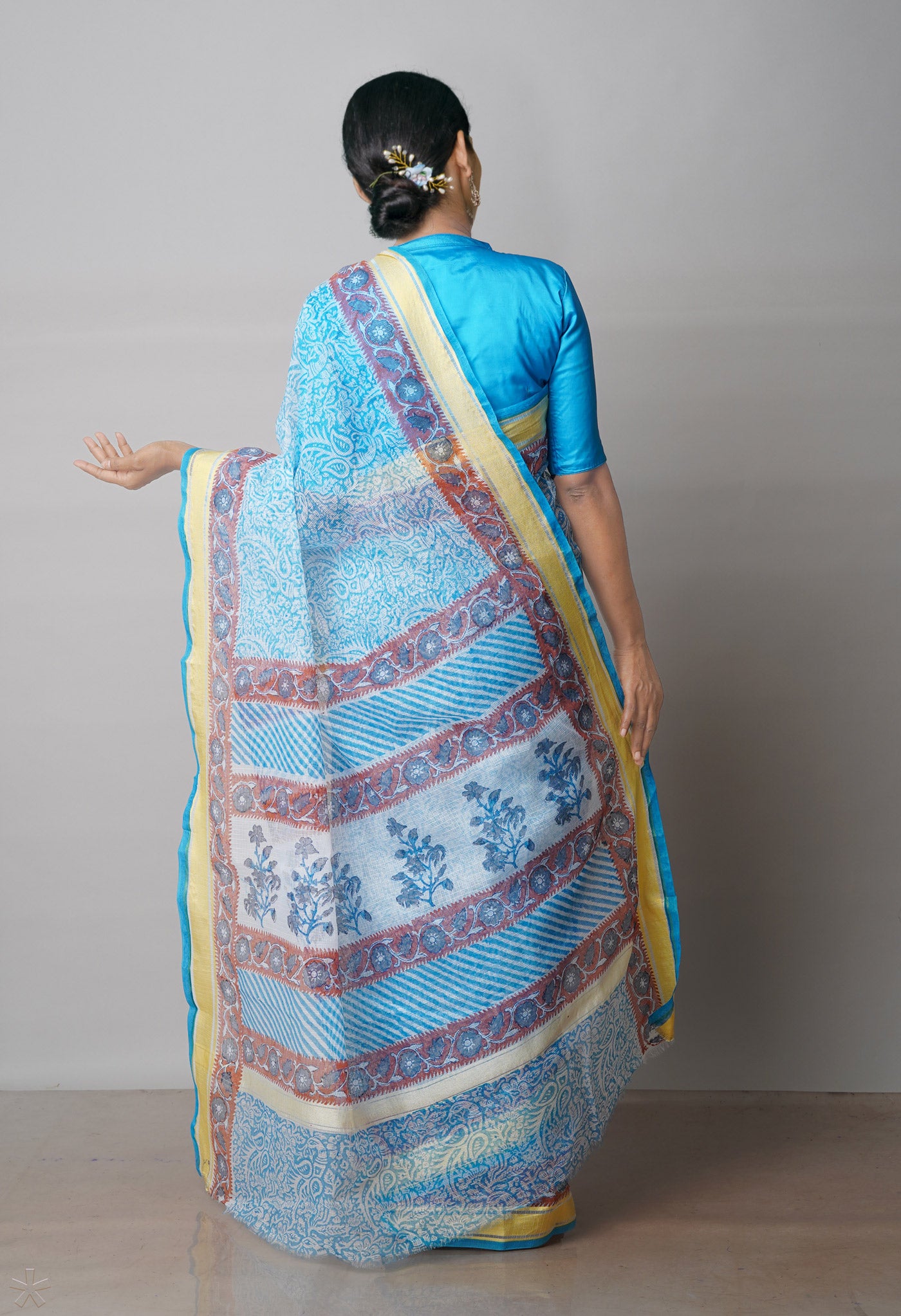 Blue Pure Block Printed Kota Cotton Saree-UNM71548