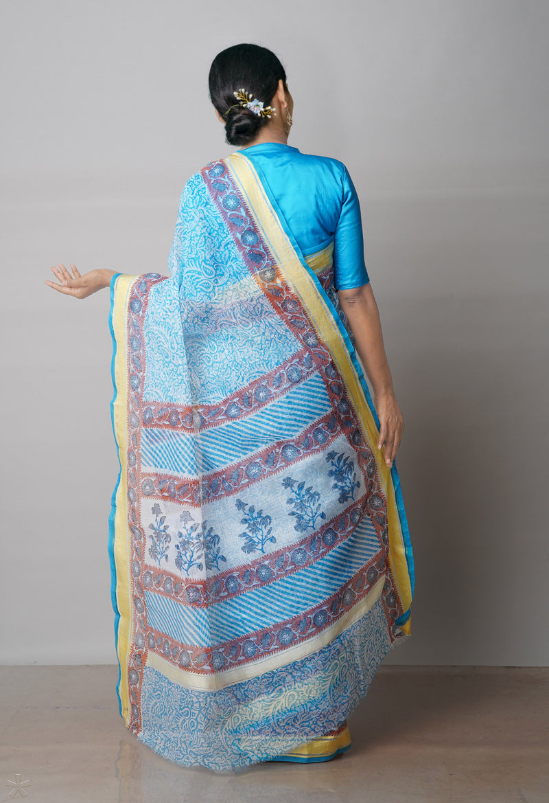 Blue Pure Block Printed Kota Cotton Saree-UNM71548