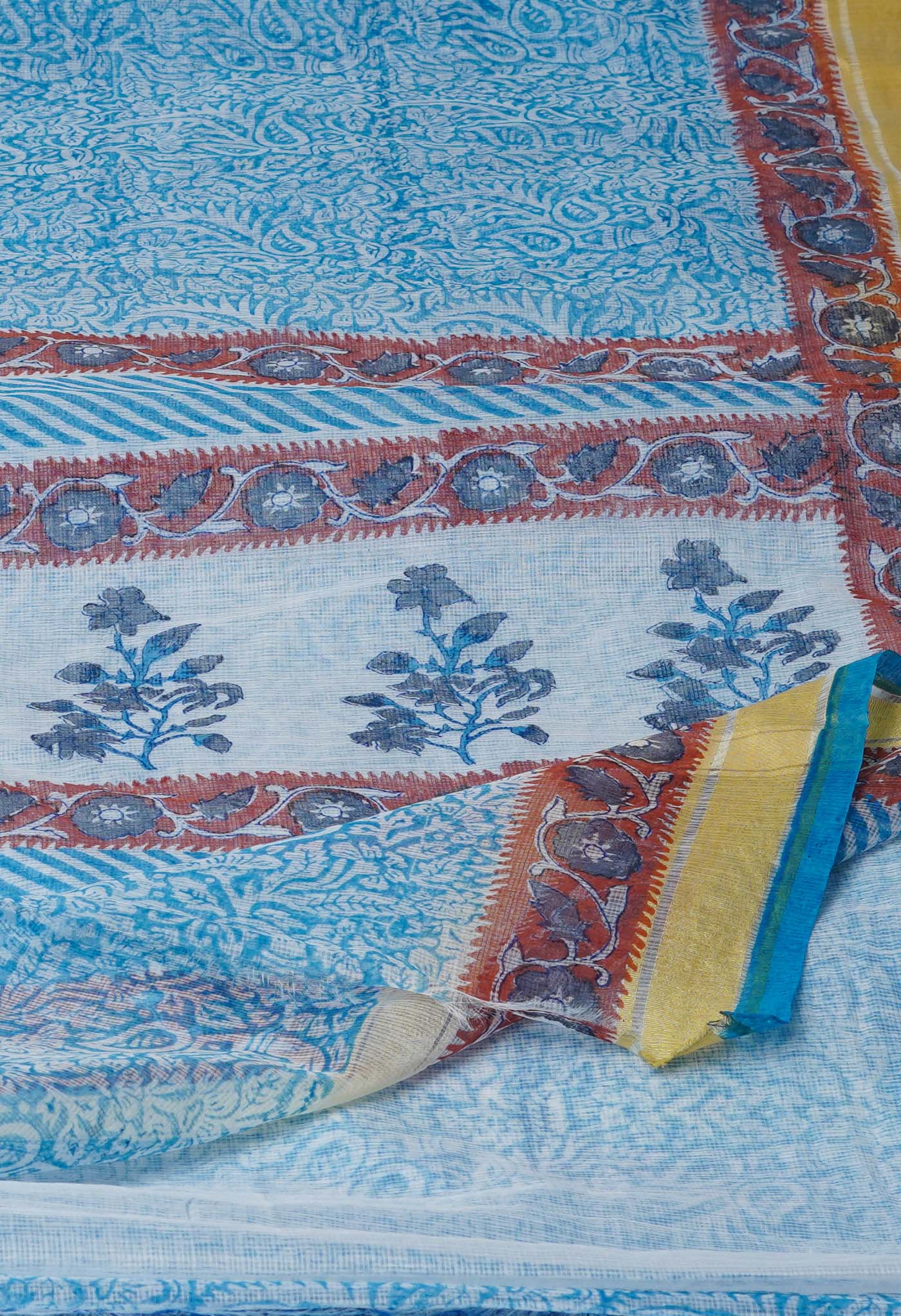 Blue Pure Block Printed Kota Cotton Saree-UNM71548
