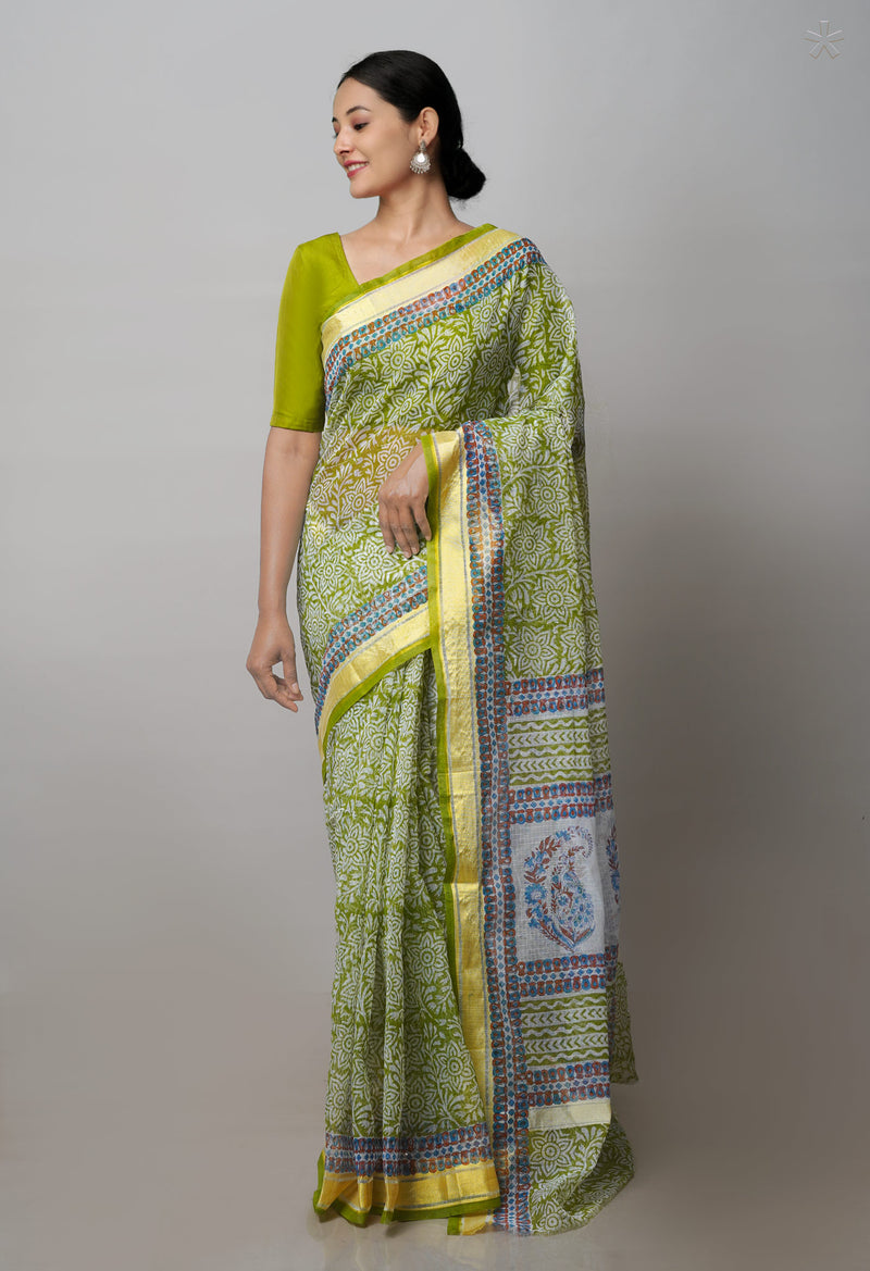 Green Pure Block Printed Kota Cotton Saree-UNM71549