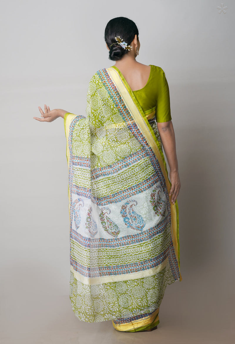 Green Pure Block Printed Kota Cotton Saree-UNM71549