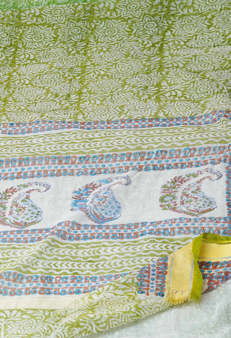 Green Pure Block Printed Kota Cotton Saree-UNM71549