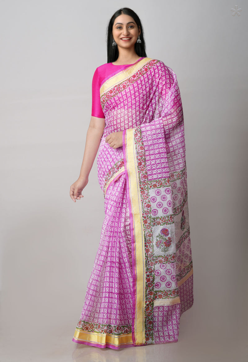 Pink Pure Block Printed Kota Cotton Saree-UNM71555