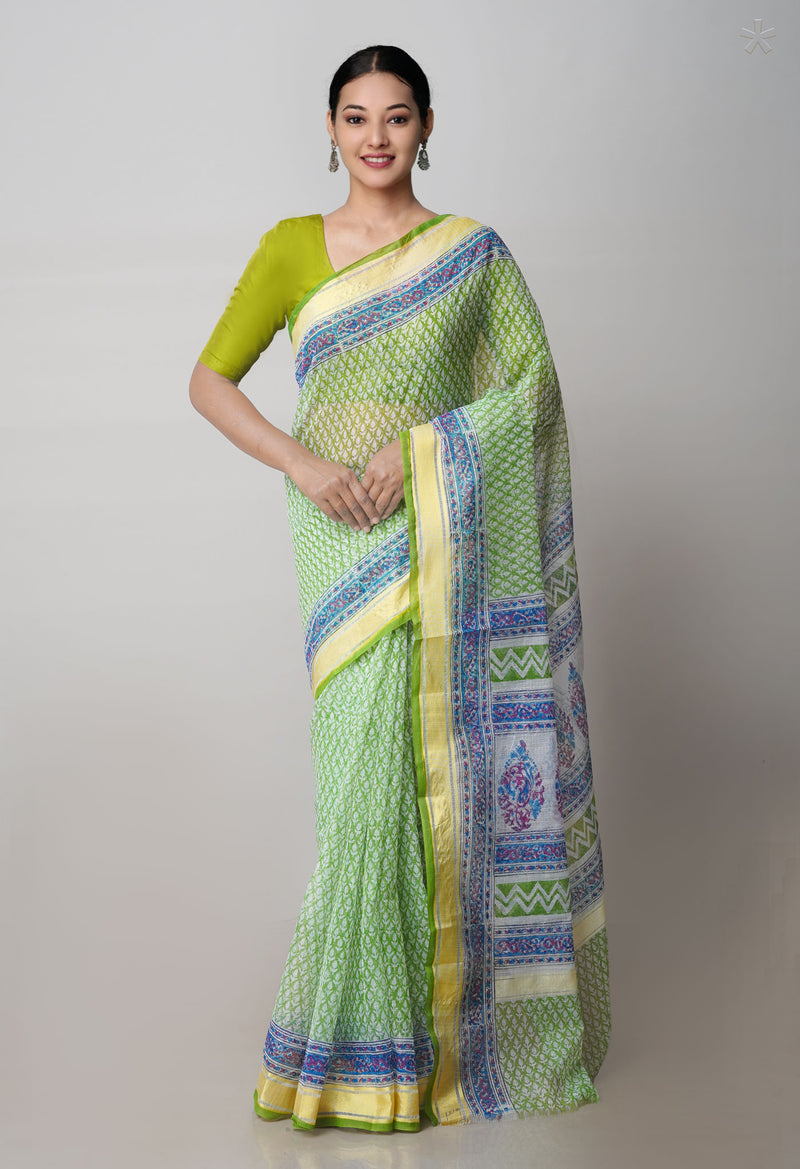 Green Pure Block Printed Kota Cotton Saree-UNM71558