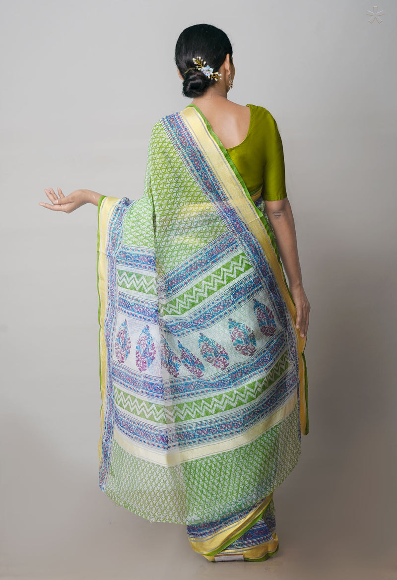 Green Pure Block Printed Kota Cotton Saree-UNM71558