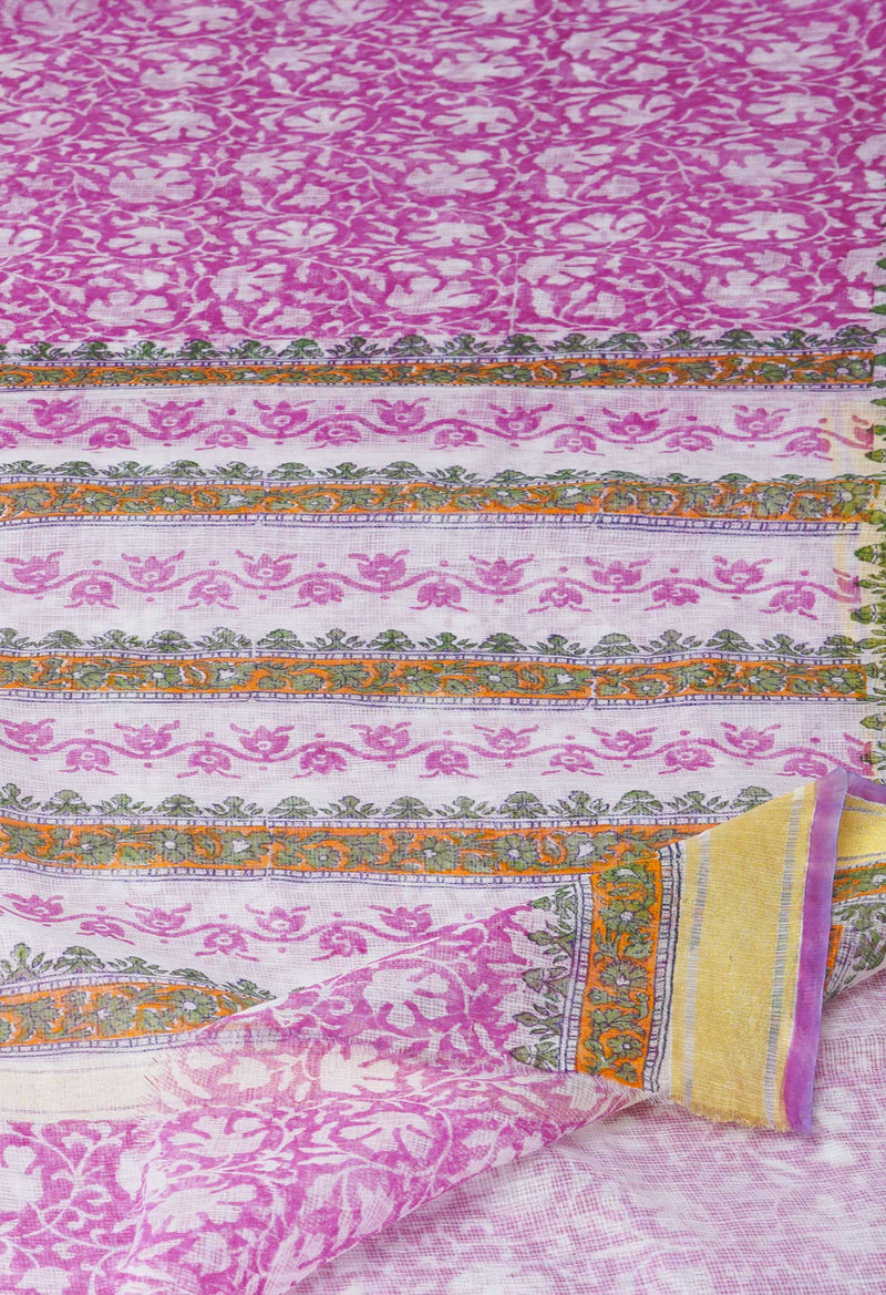 Pink Pure Block Printed Kota Cotton Saree-UNM71561