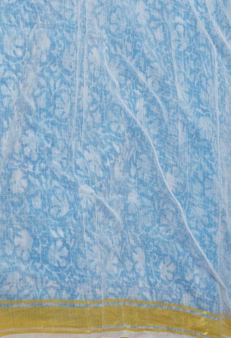Blue Pure Block Printed Kota Cotton Saree-UNM71562
