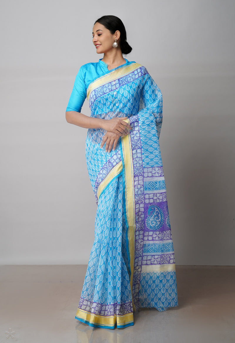 Blue Pure Block Printed Kota Cotton Saree-UNM71564