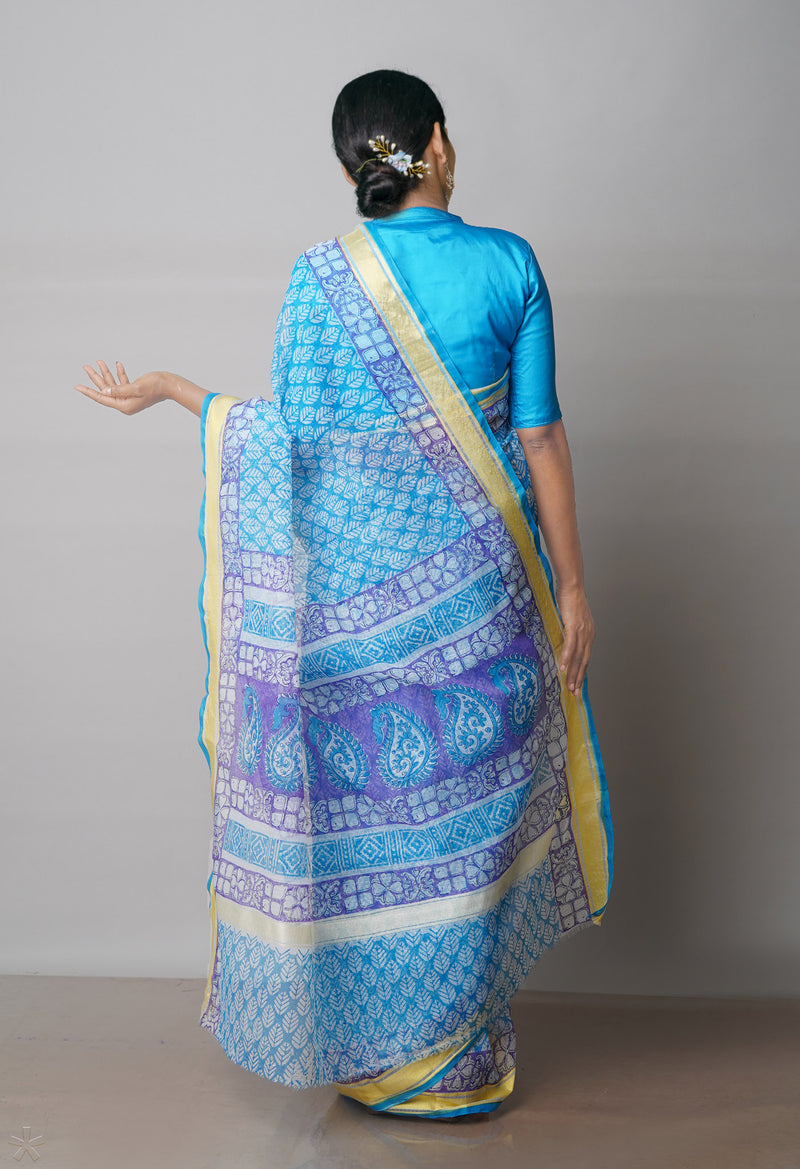 Blue Pure Block Printed Kota Cotton Saree-UNM71564