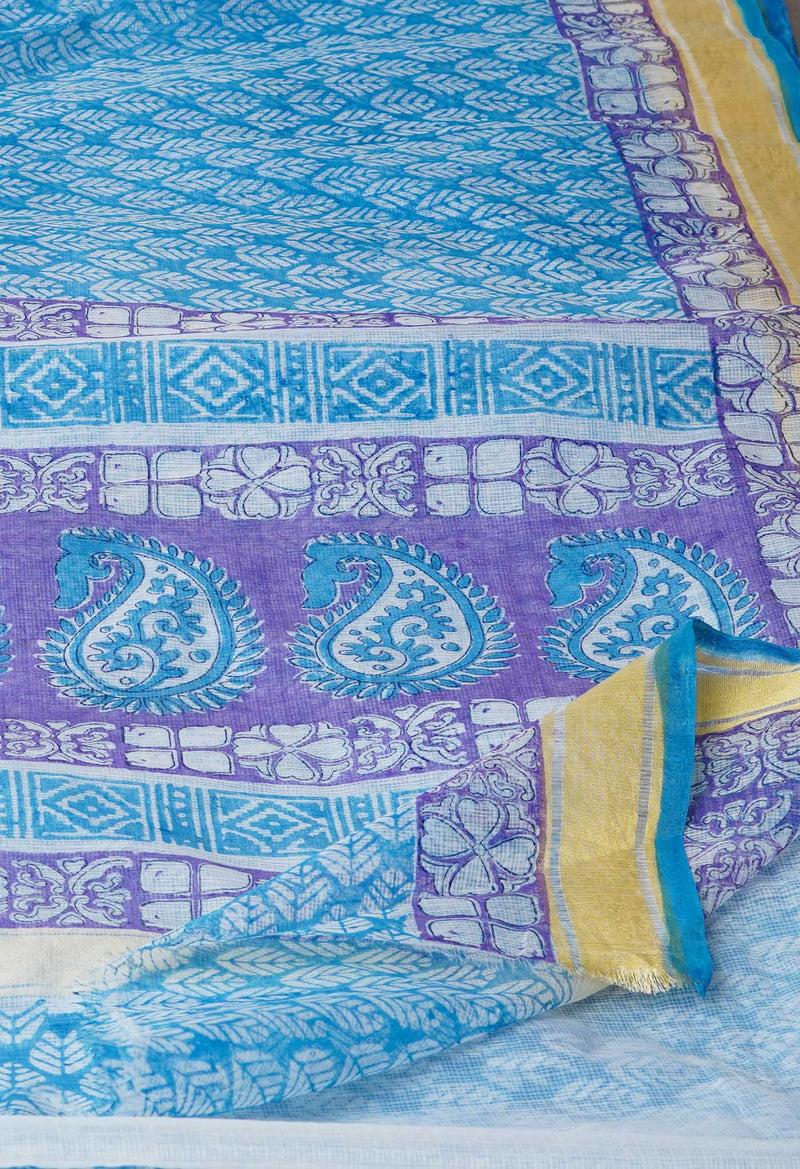 Blue Pure Block Printed Kota Cotton Saree-UNM71564