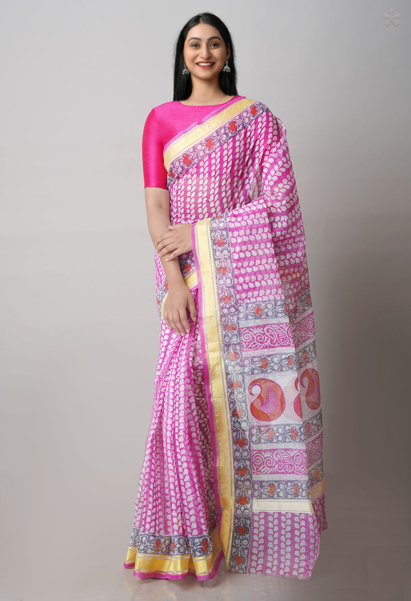 Pink Pure Block Printed Kota Cotton Saree-UNM71565