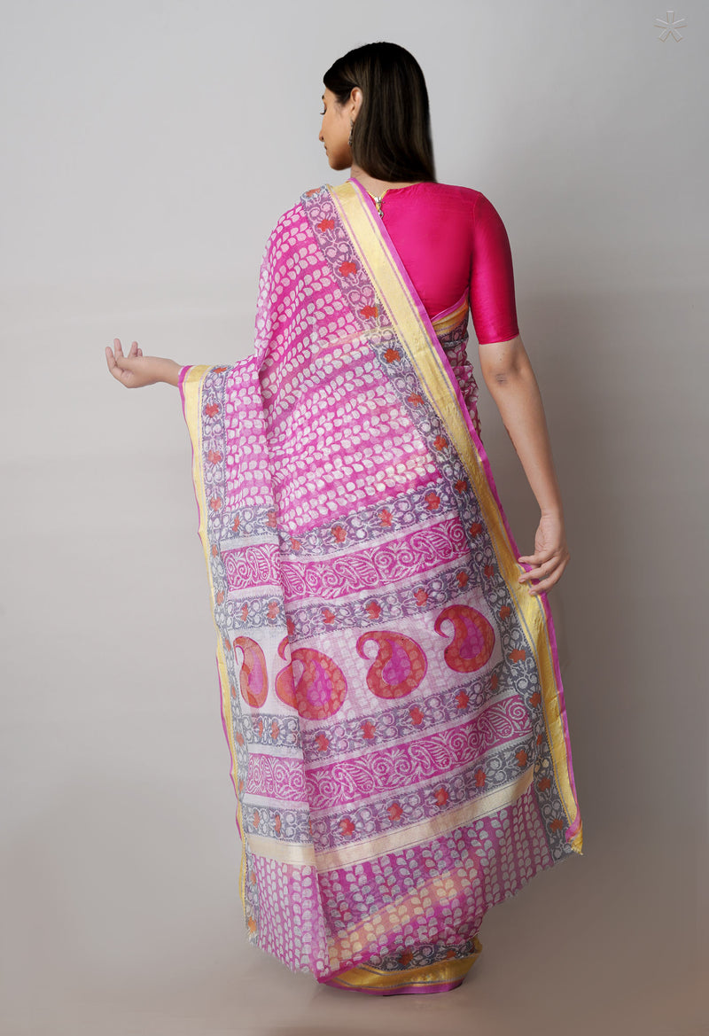 Pink Pure Block Printed Kota Cotton Saree-UNM71565