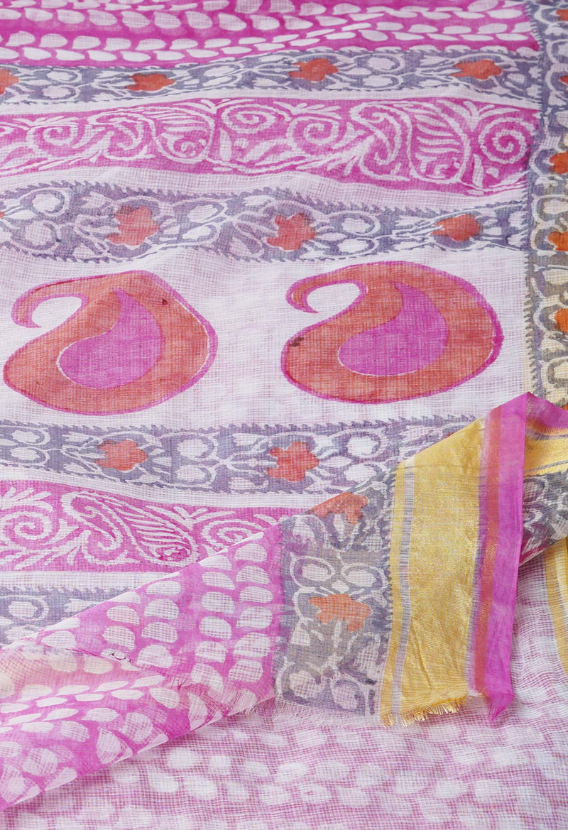Pink Pure Block Printed Kota Cotton Saree-UNM71565