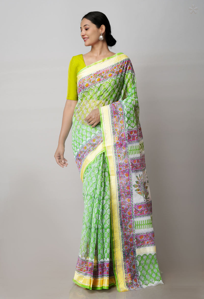 Green Pure Block Printed Kota Cotton Saree-UNM71566