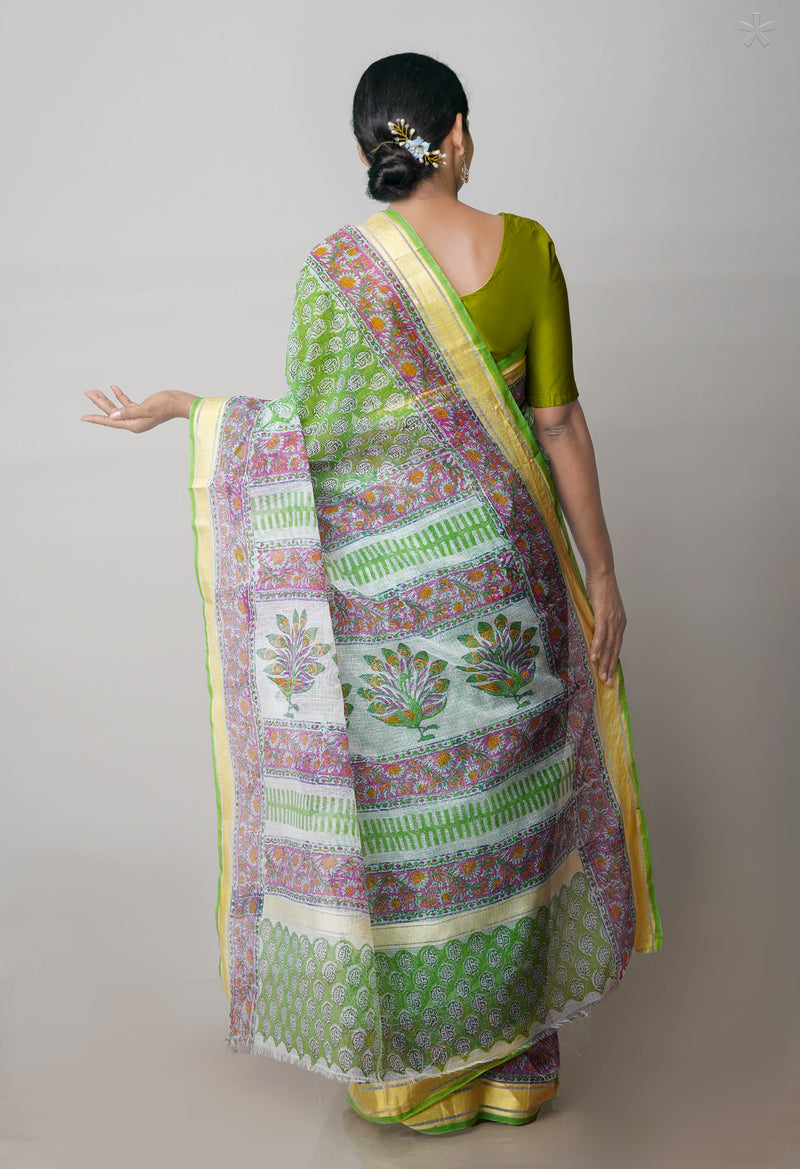Green Pure Block Printed Kota Cotton Saree-UNM71566