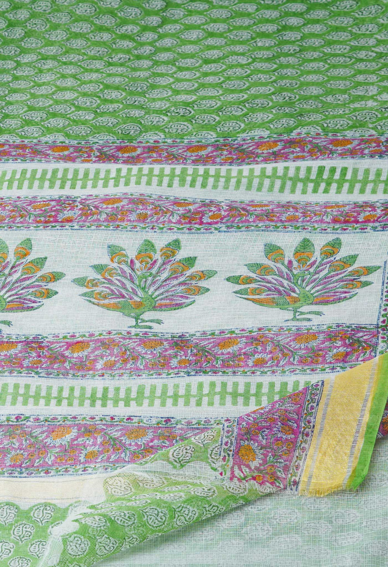 Green Pure Block Printed Kota Cotton Saree-UNM71566
