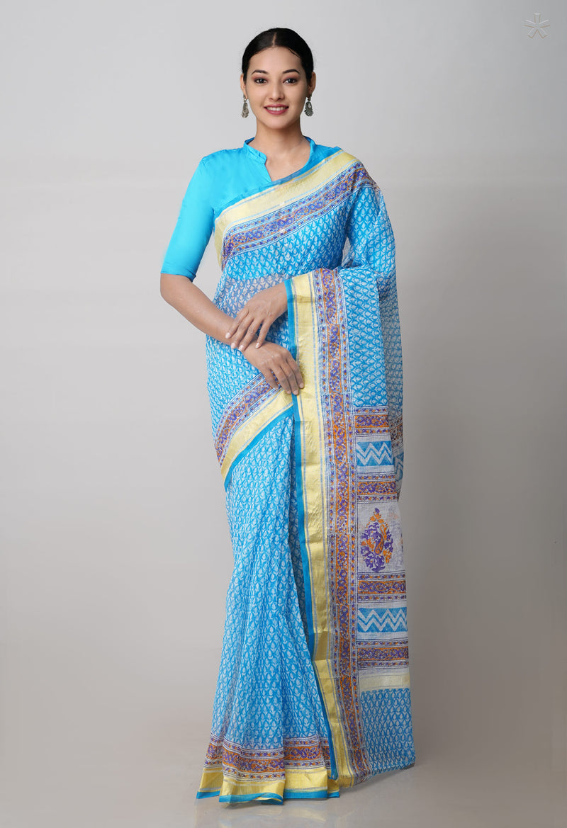 Blue Pure Block Printed Kota Cotton Saree-UNM71568