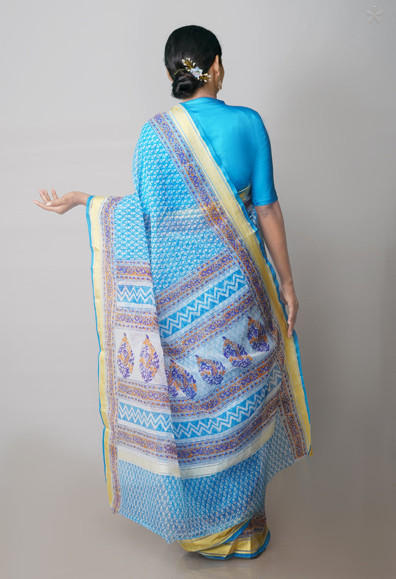 Blue Pure Block Printed Kota Cotton Saree-UNM71568