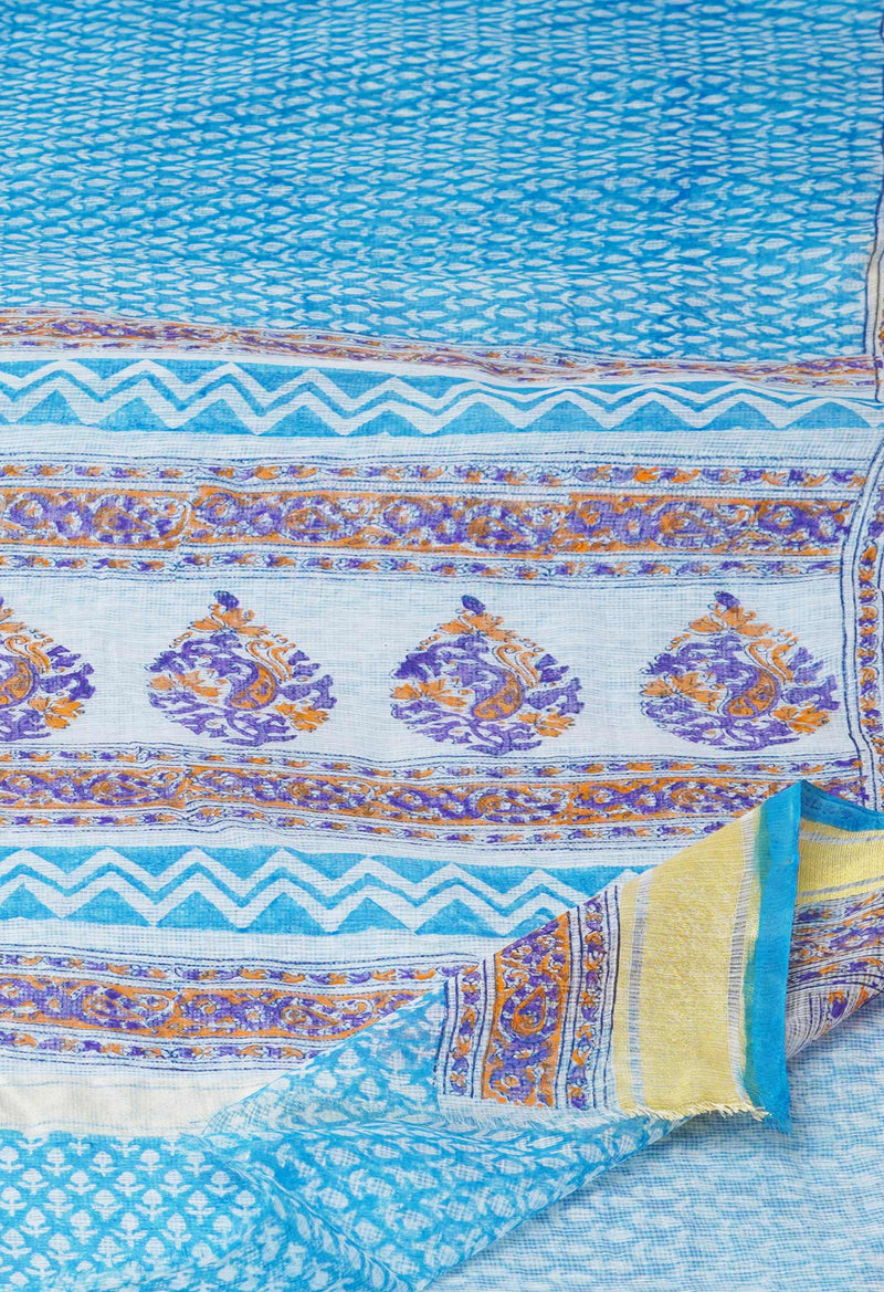 Blue Pure Block Printed Kota Cotton Saree-UNM71568
