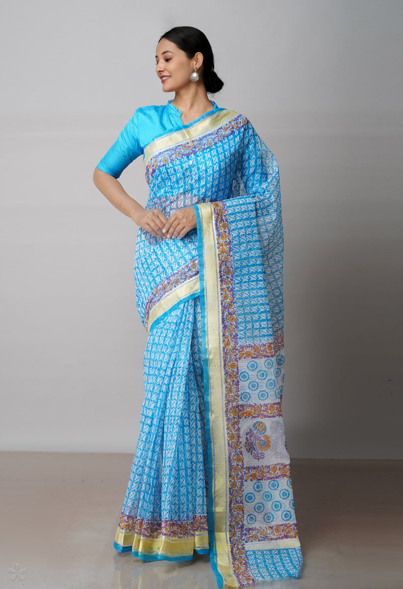 Blue Pure Block Printed Kota Cotton Saree-UNM71570