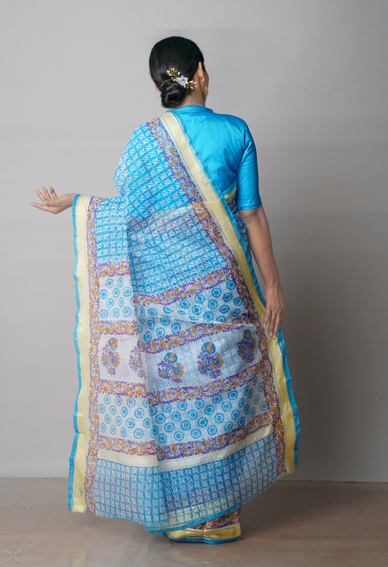 Blue Pure Block Printed Kota Cotton Saree-UNM71570