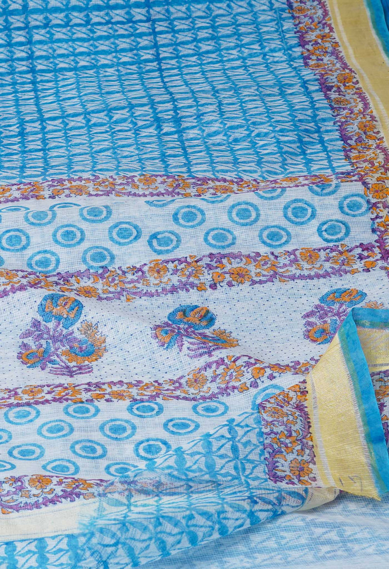 Blue Pure Block Printed Kota Cotton Saree-UNM71570