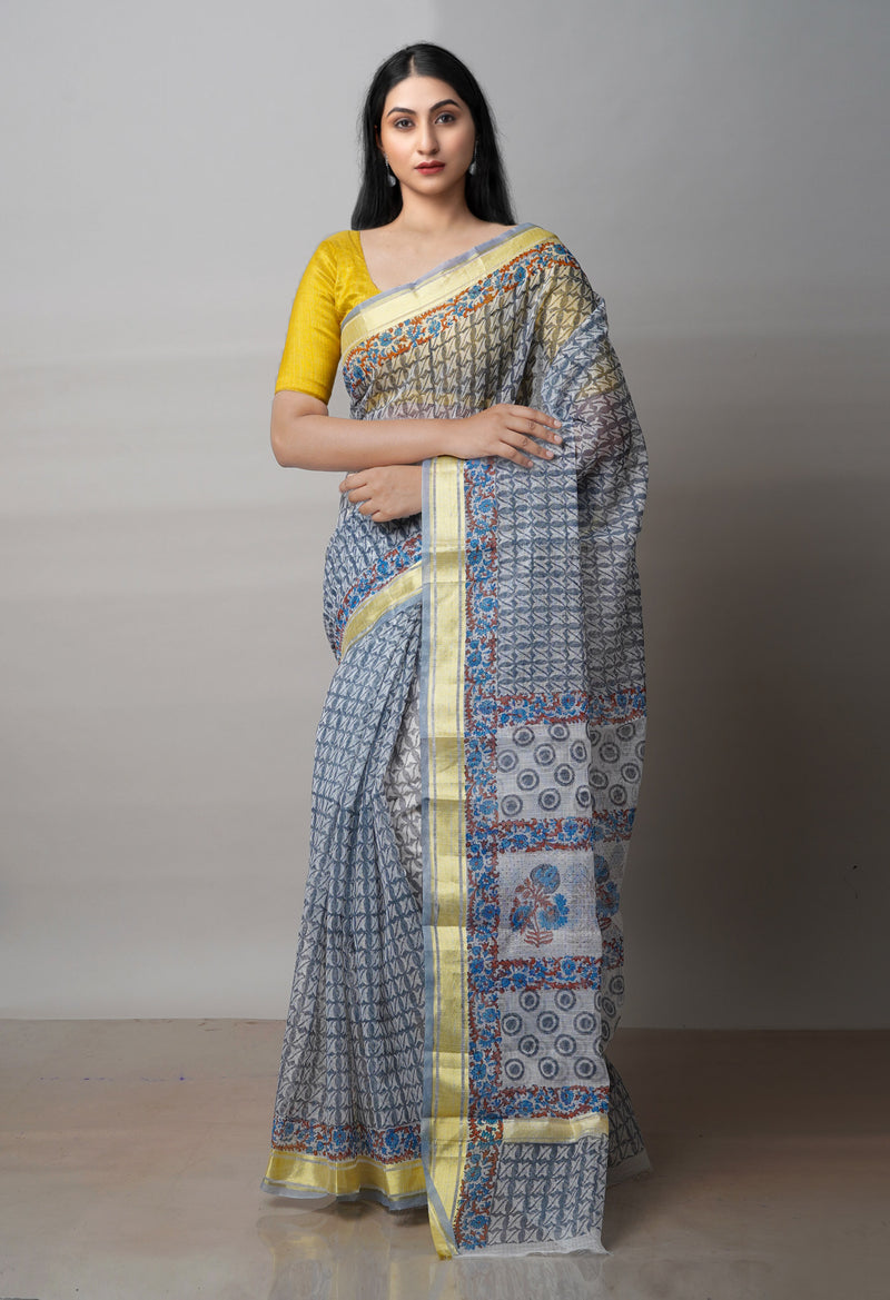 Grey Pure Block Printed Kota Cotton Saree-UNM71571