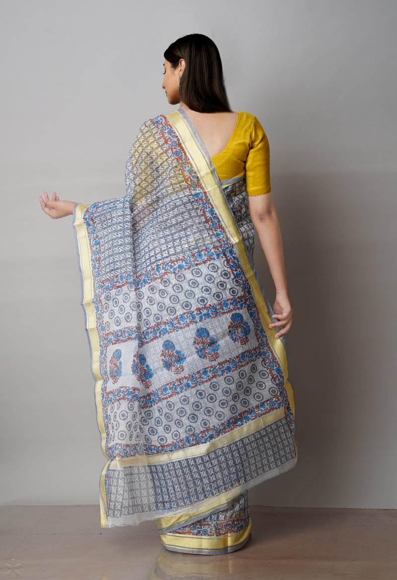 Grey Pure Block Printed Kota Cotton Saree-UNM71571