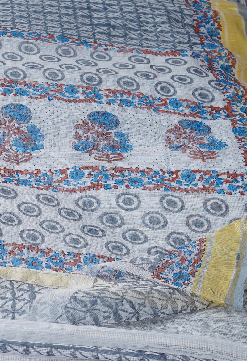 Grey Pure Block Printed Kota Cotton Saree-UNM71571