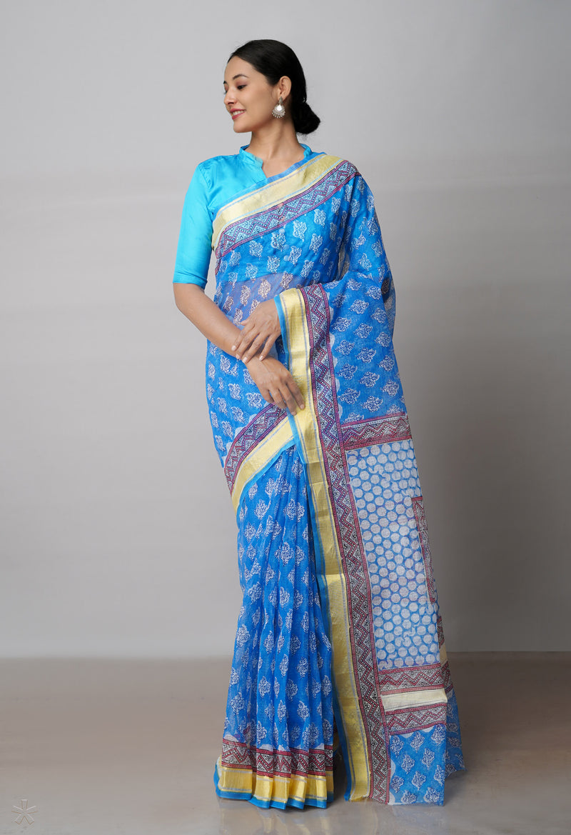Blue Pure Block Printed Kota Cotton Saree-UNM71573