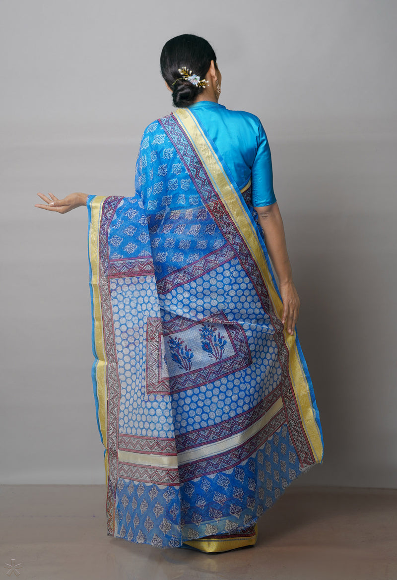 Blue Pure Block Printed Kota Cotton Saree-UNM71573