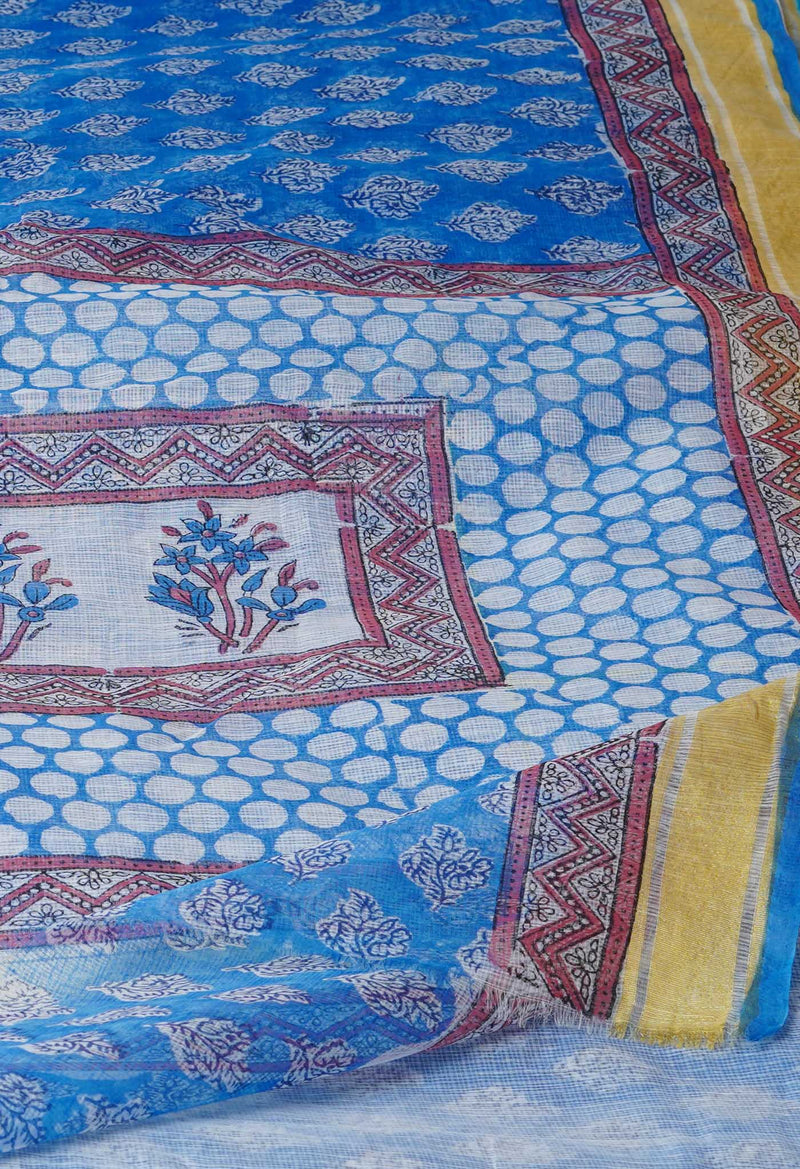 Blue Pure Block Printed Kota Cotton Saree-UNM71573