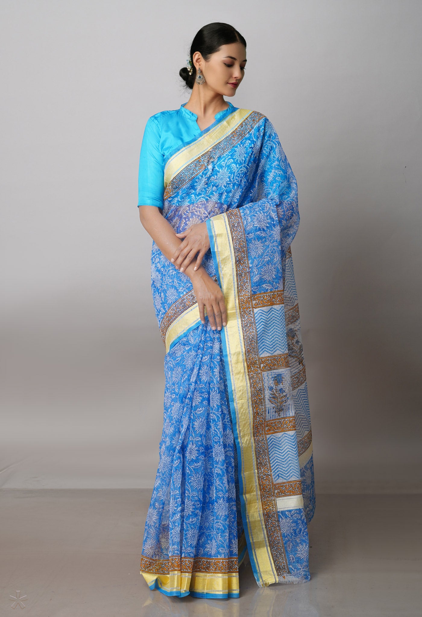 Blue Pure Block Printed Kota Cotton Saree-UNM71574