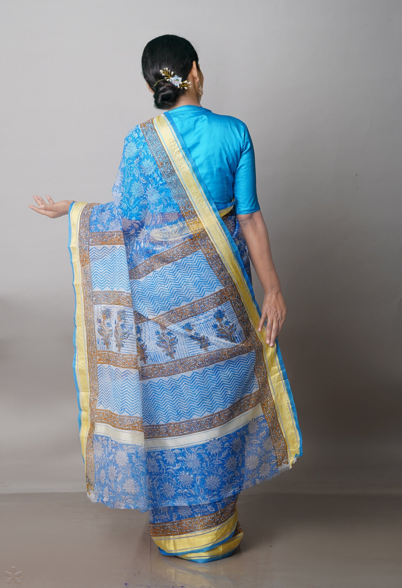 Blue Pure Block Printed Kota Cotton Saree-UNM71574