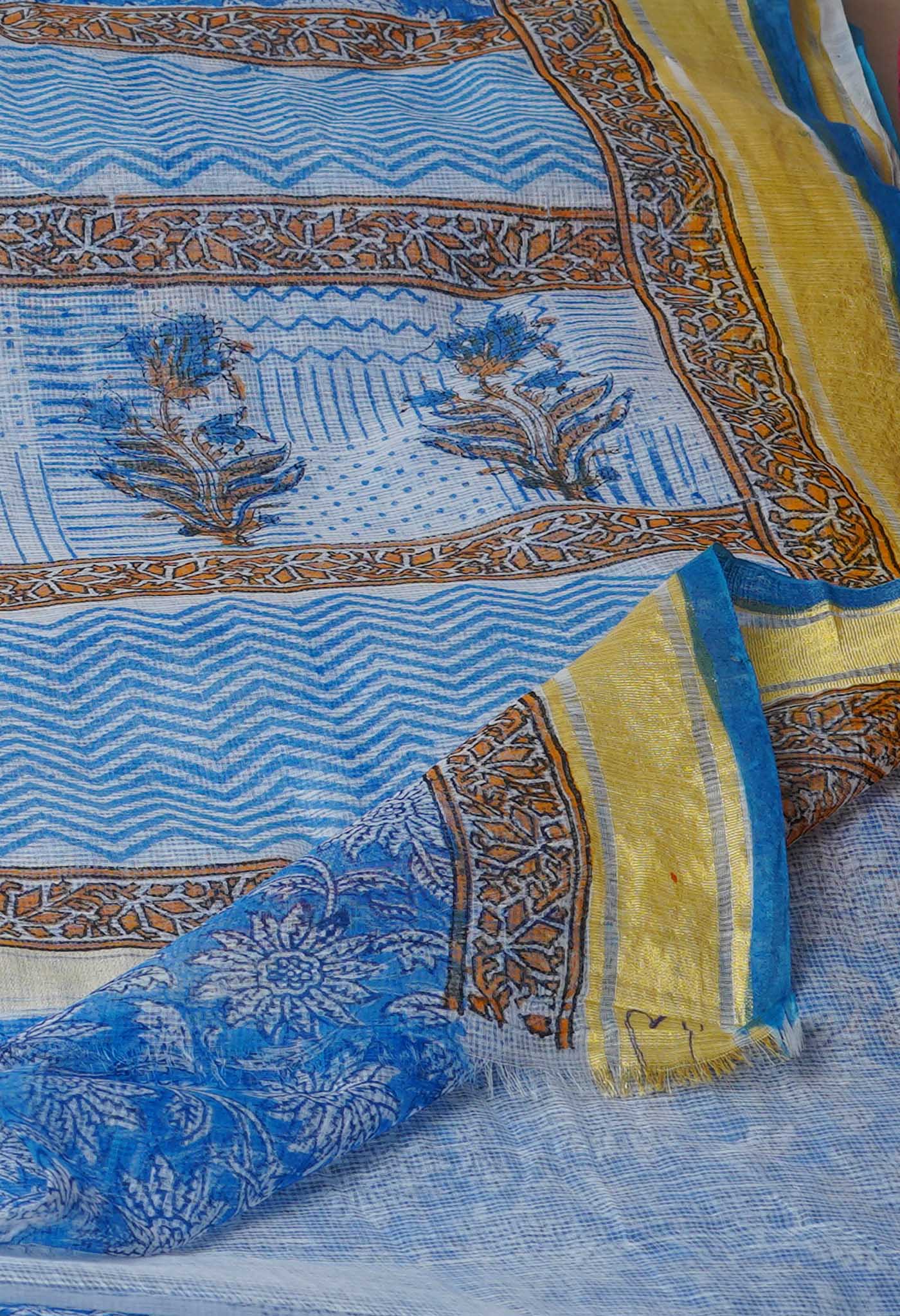 Blue Pure Block Printed Kota Cotton Saree-UNM71574