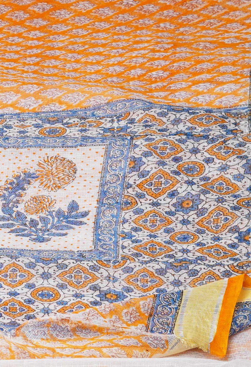 Orange Pure Block Printed Kota Cotton Saree-UNM71575