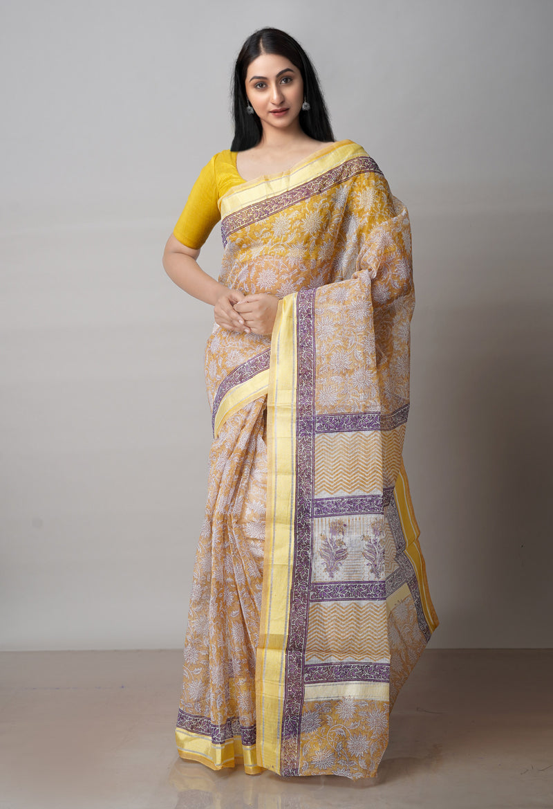 Cream Pure Block Printed Kota Cotton Saree-UNM71577