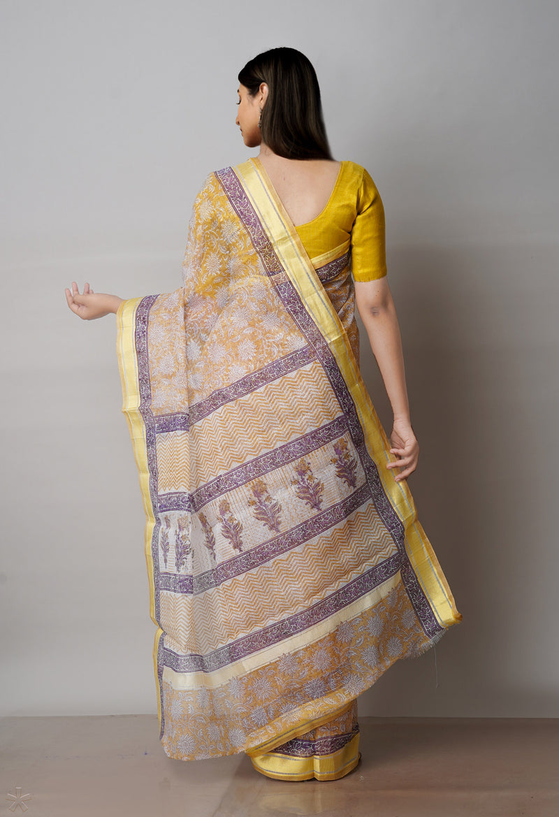 Cream Pure Block Printed Kota Cotton Saree-UNM71577