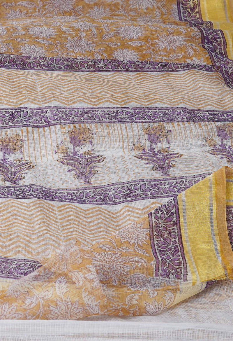 Cream Pure Block Printed Kota Cotton Saree-UNM71577