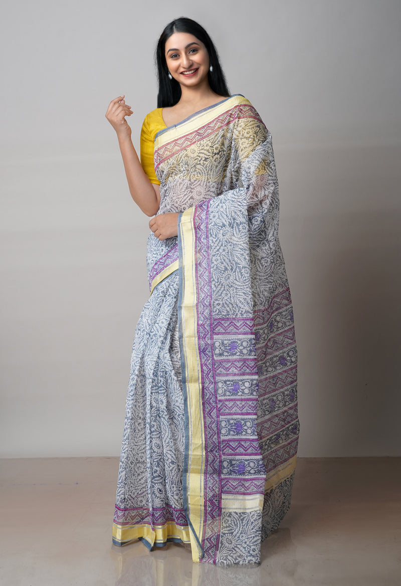 Grey Pure Block Printed Kota Cotton Saree-UNM71579