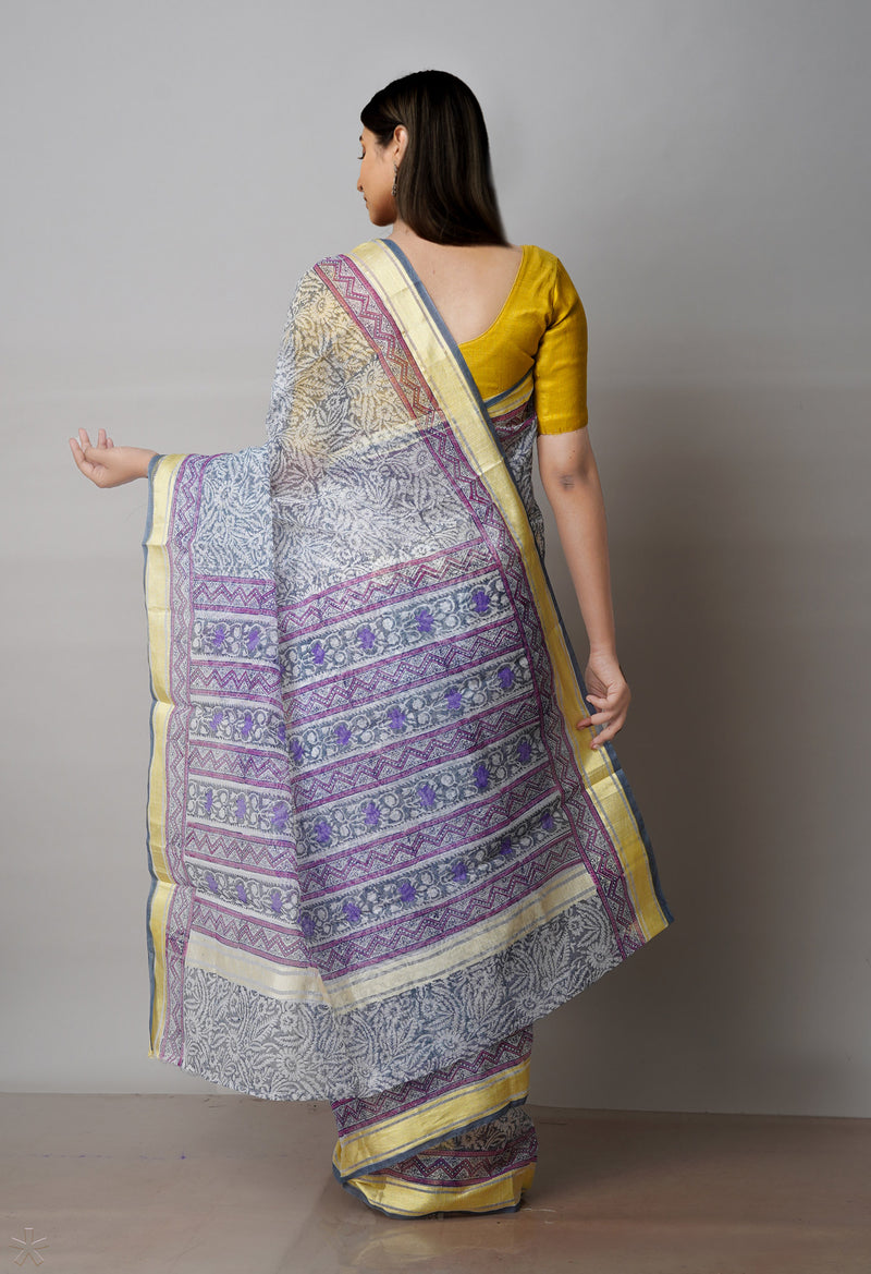 Grey Pure Block Printed Kota Cotton Saree-UNM71579