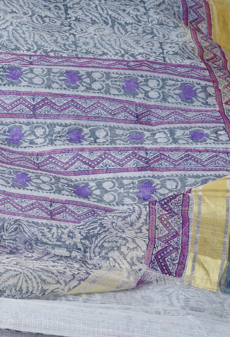 Grey Pure Block Printed Kota Cotton Saree-UNM71579