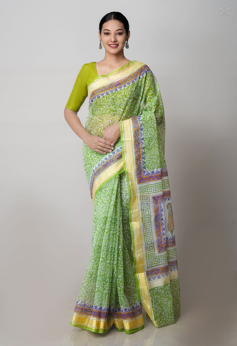 Green Pure Block Printed Kota Cotton Saree-UNM71582