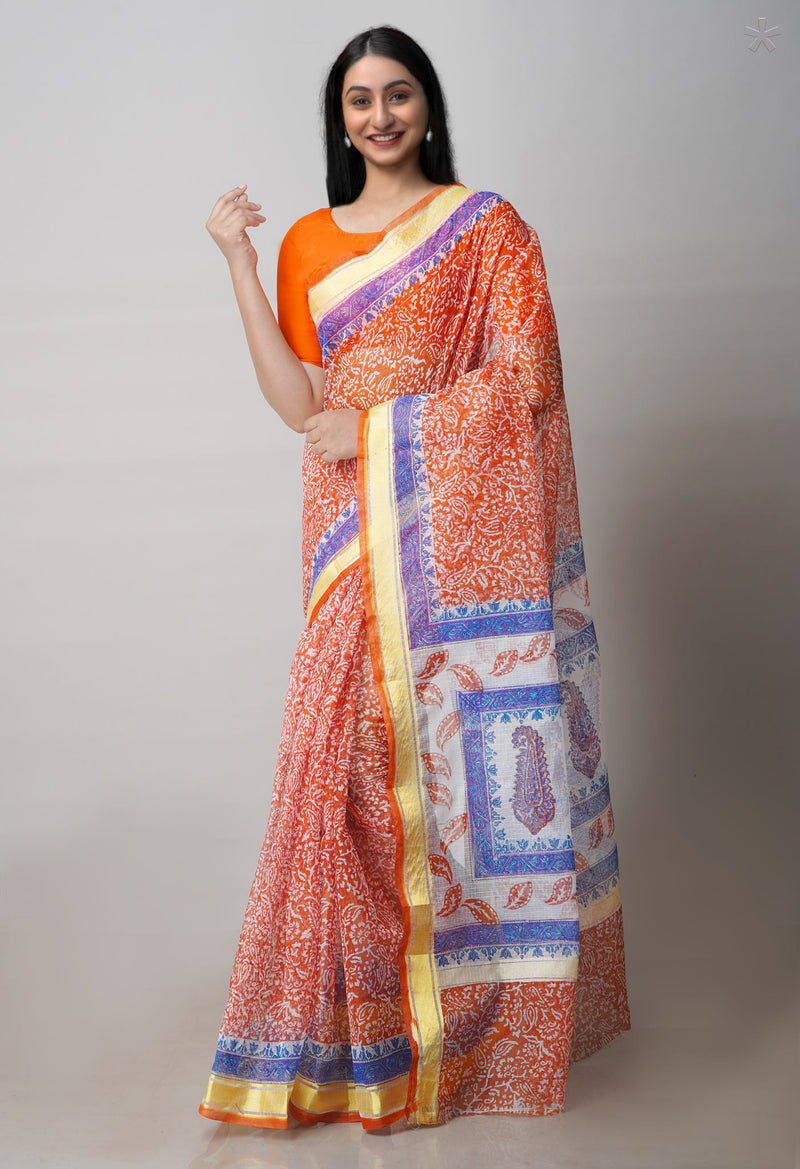 Rust Orange Pure Block Printed Kota Cotton Saree-UNM71583