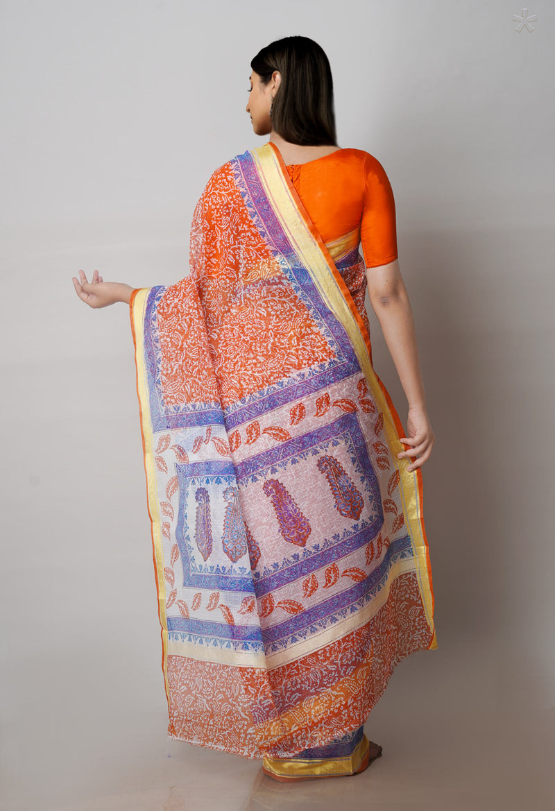 Rust Orange Pure Block Printed Kota Cotton Saree-UNM71583