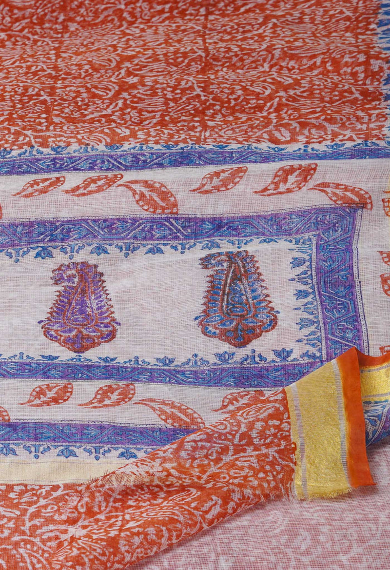 Rust Orange Pure Block Printed Kota Cotton Saree-UNM71583