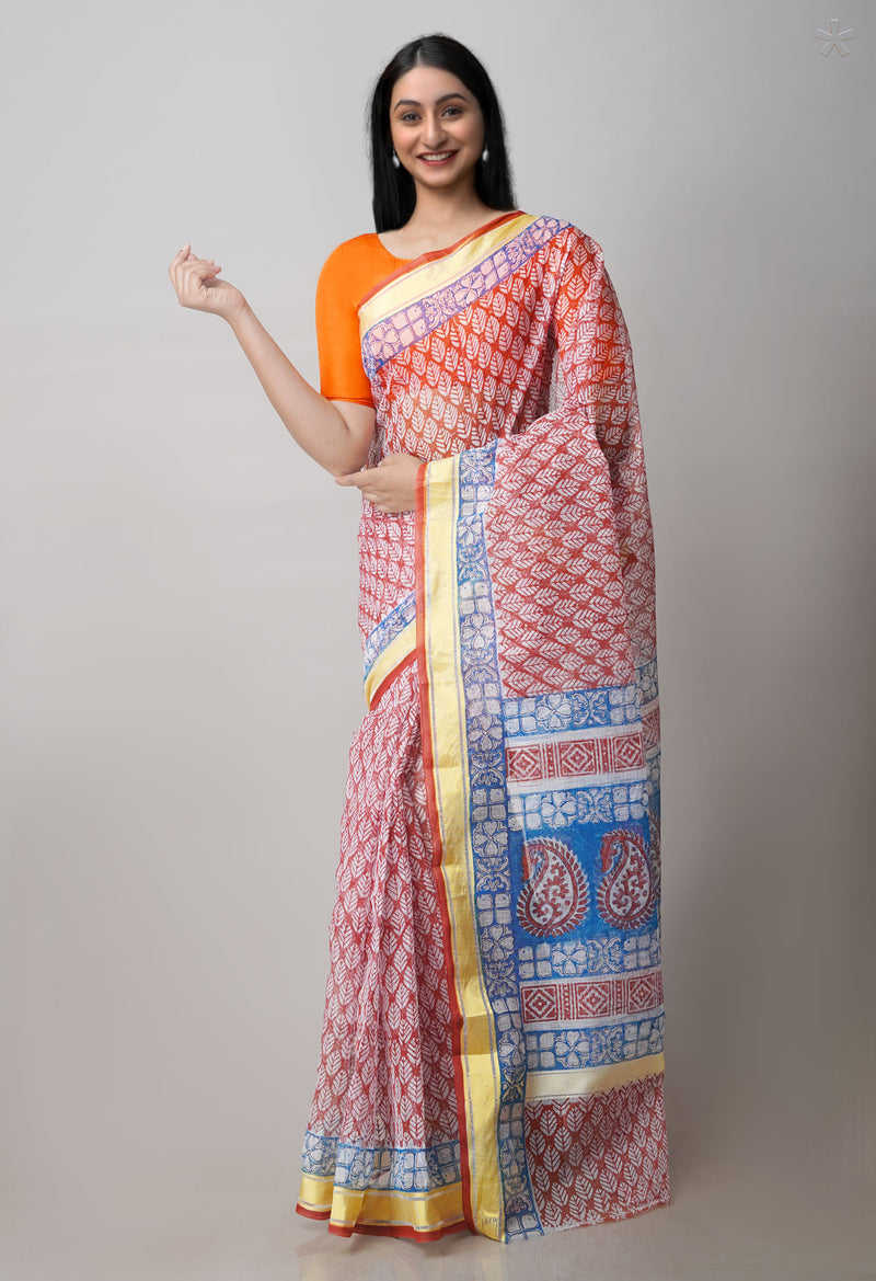 Burgundy Pure Block Printed Kota Cotton Saree-UNM71586