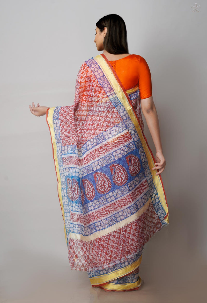 Burgundy Pure Block Printed Kota Cotton Saree-UNM71586