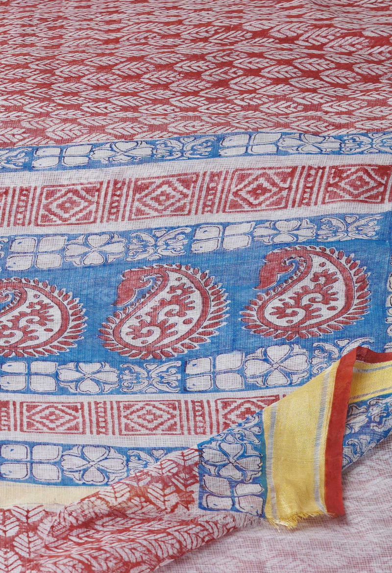 Burgundy Pure Block Printed Kota Cotton Saree-UNM71586